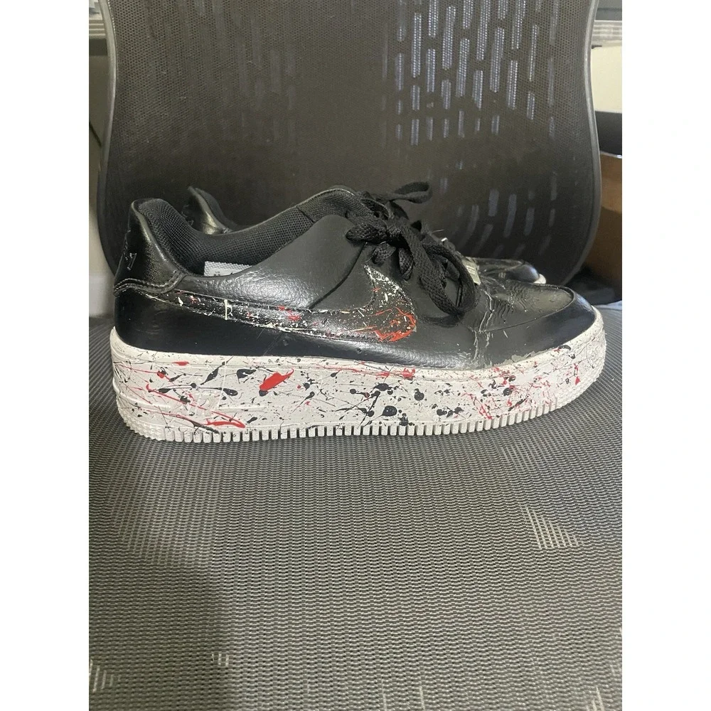 Nike Air Force 1 Black Red Custom Paint Splatter Men's 9.5 Sneakers